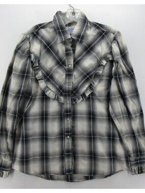 VINTAGE Rockmount Ranch Wear Top Large Shadow Plaid Ruffled Western *